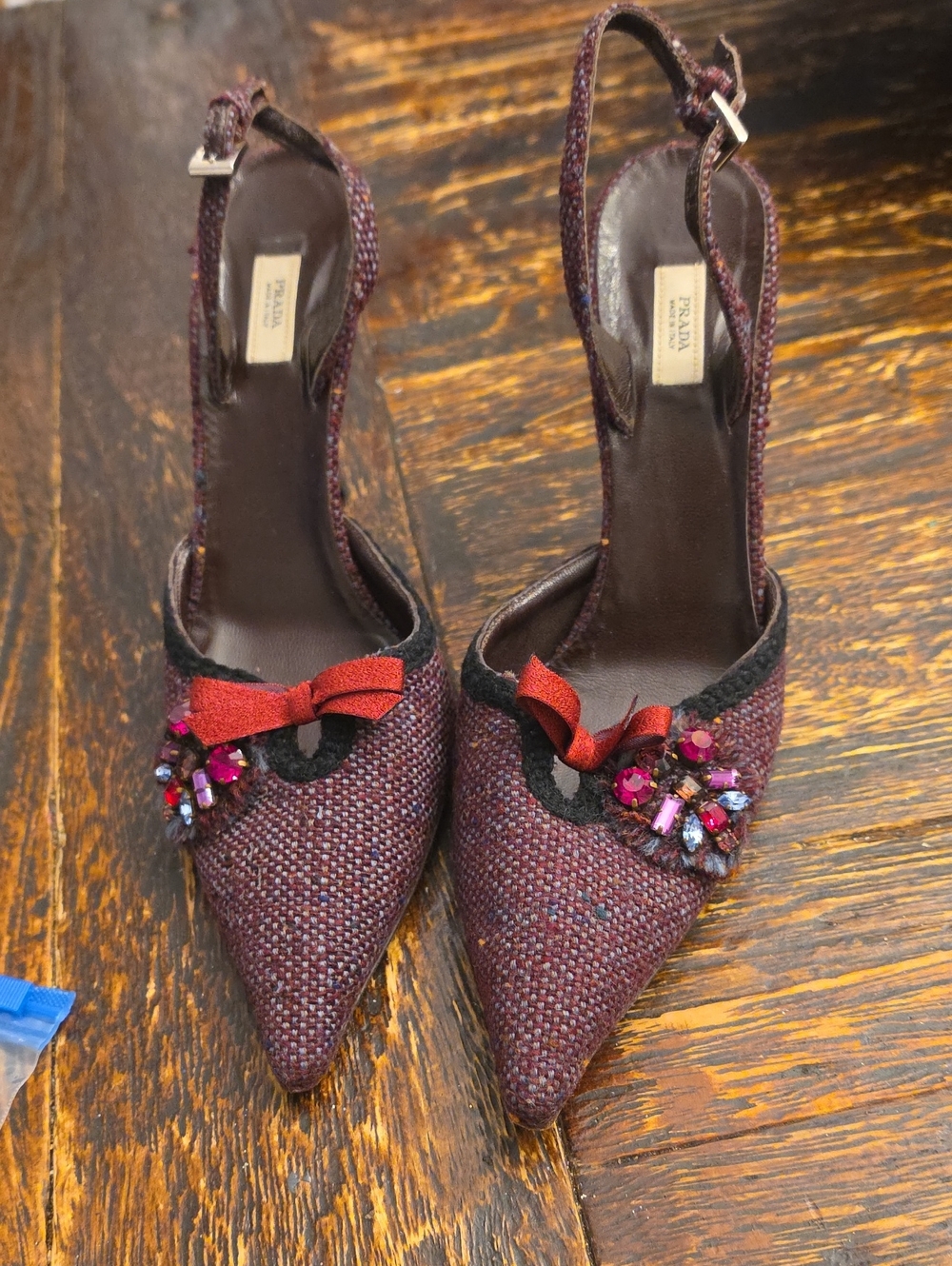 Prada Burgundy Tweed Crystal Embellished Slingback Pumps 37.5 Or 7
